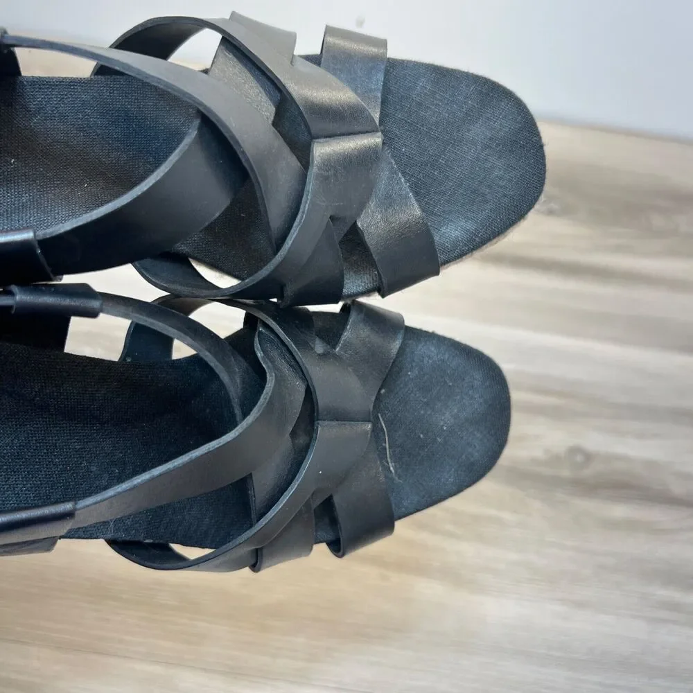 Cole‎ Haan W23573 Crystal Sandal Wedge Black Women Size 7B Leather Espadrilles